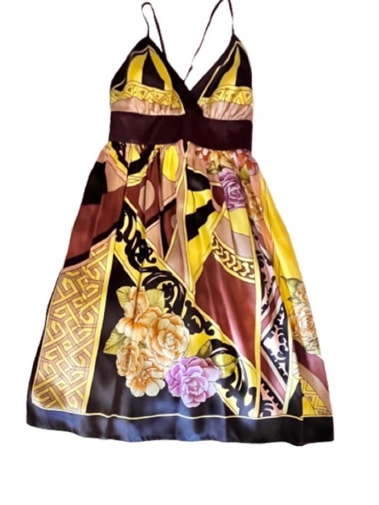Unyx Dresses & Skirts - Silky V-Neck Flowy Yellow & Brown Pattern Spaghetti Strap Dress. 💕HOST PICK💕